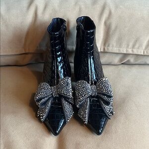 Jeffrey Campbell Luci Black Croc-Embossed Booties with Sparkling Bow
